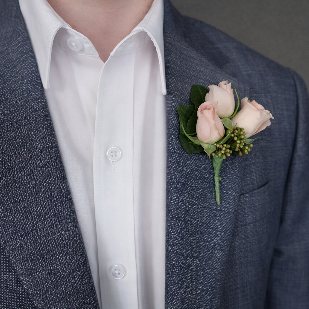 Pink Buttonhole (Boutonnière) - Seasonal Greenery