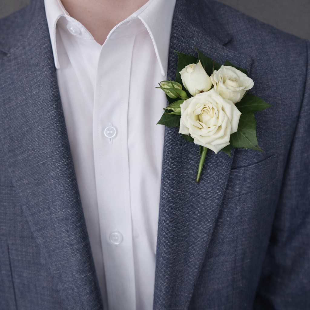 White Buttonhole (Boutonniere) - Seasonal Greenery