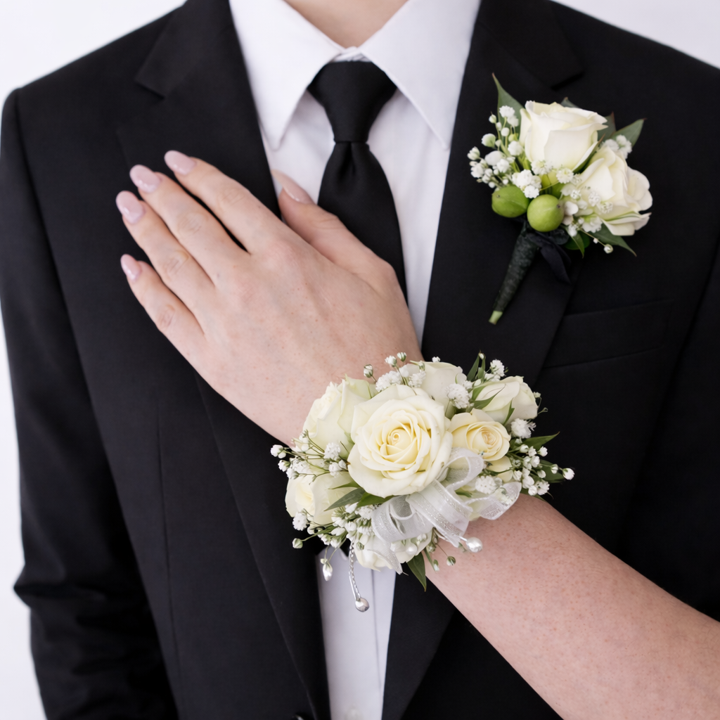 White Rose Corsage & Buttonhole Set