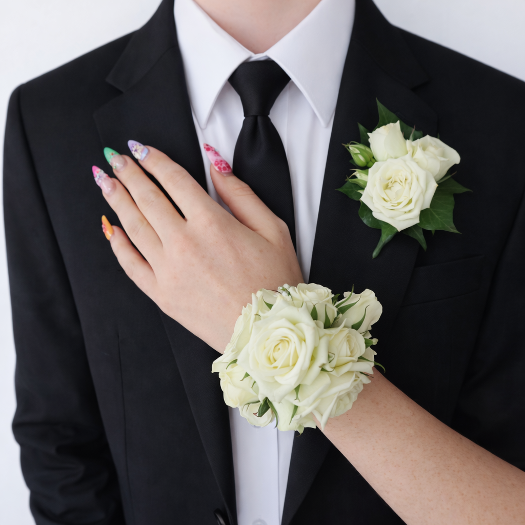 White Corsage & Buttonhole - Seasonal Greenery